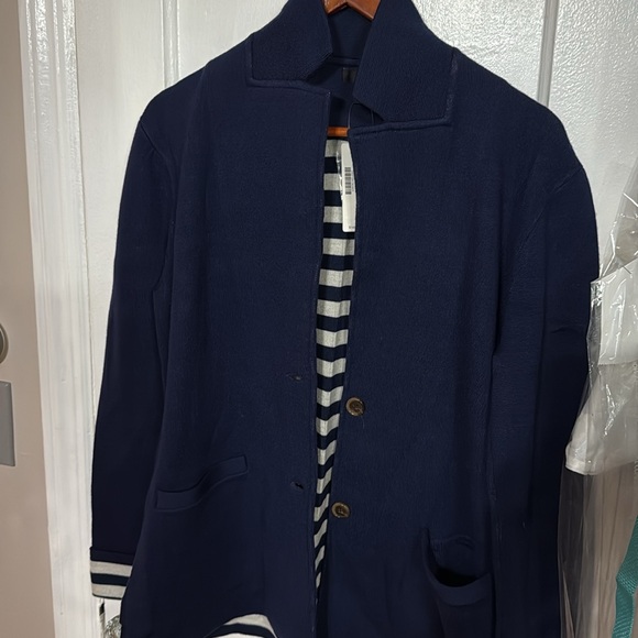 NWT J.Crew MED navy wool blend sweater blazer white striped cuffs and interior - Picture 3 of 4